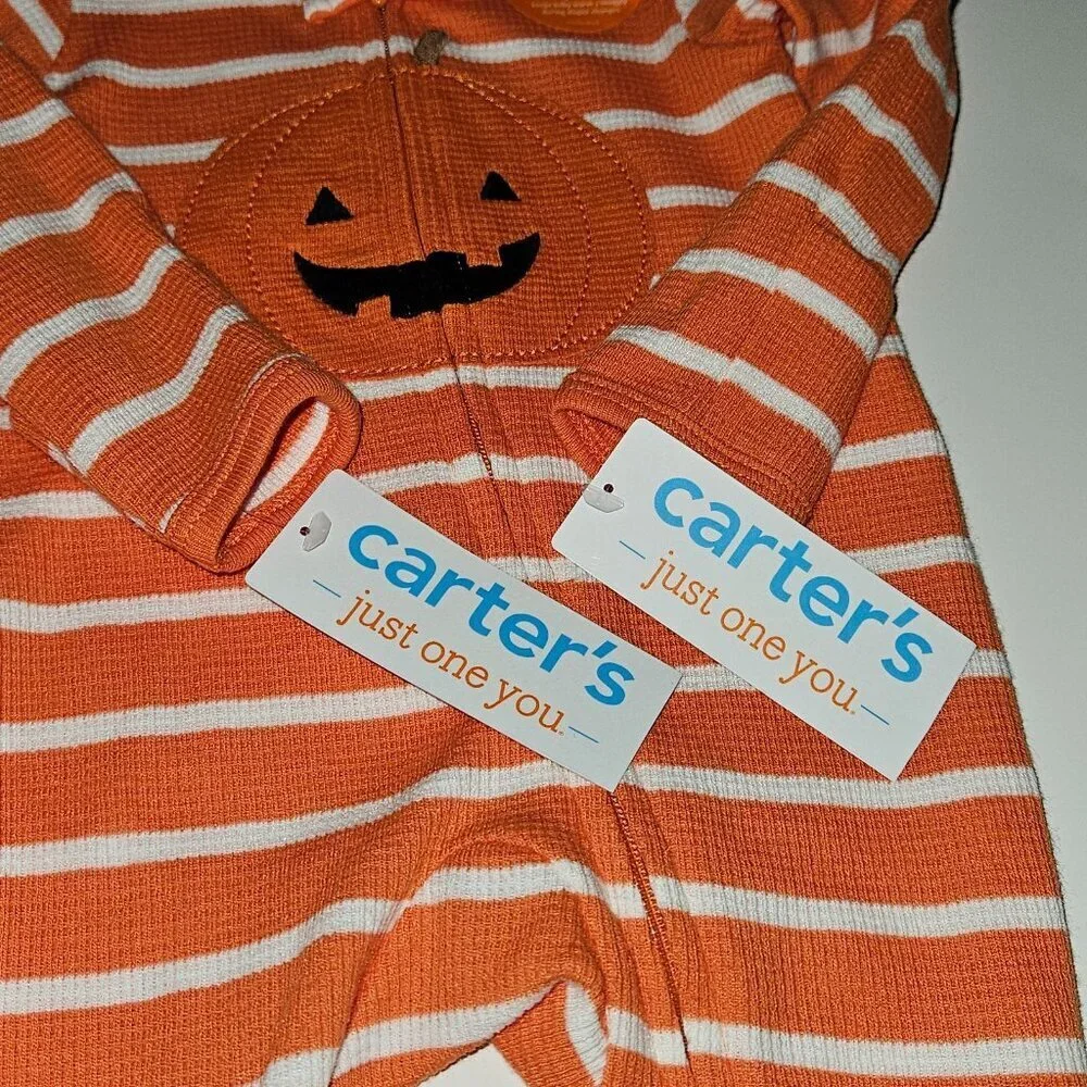 NWT 2 Halloween Footie Pajamas Lot Newborn Waffle Knit Jack-O-Lantern Carter's